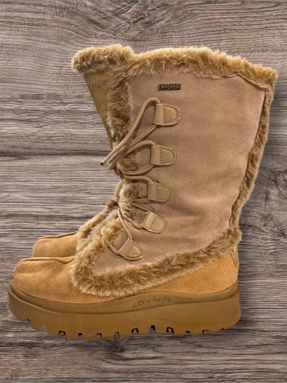 Skechers Women's Tan Faux-Fur Lace-Up Winter Boots